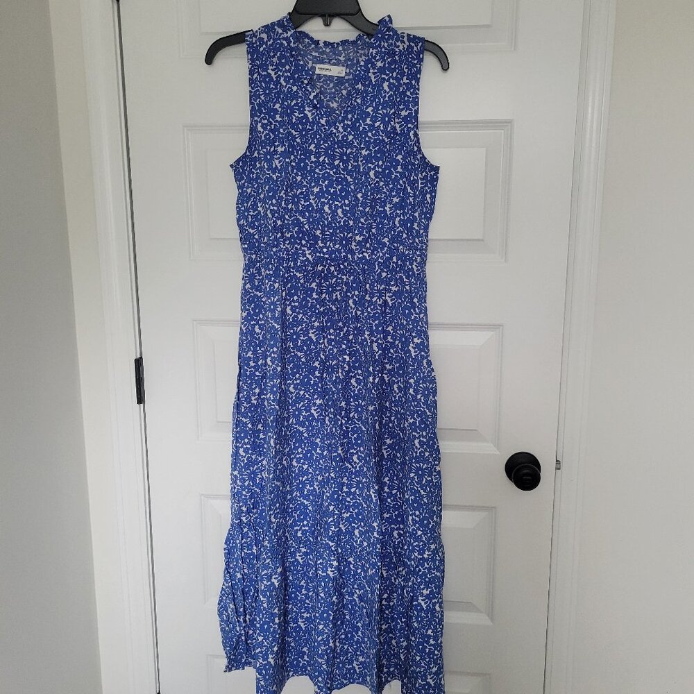 Croft & Barrow Maxi Dress sz S Blue White Floral V Neck Sleeveless with Ruffles